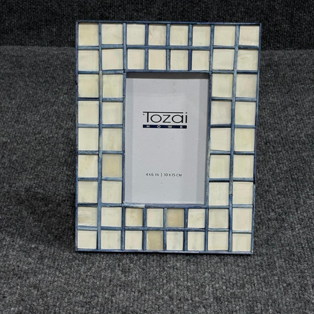 Tozai Home Photo Frame 4x6 Mosaic Tile Beige Blue Handmade India Wood Ornate